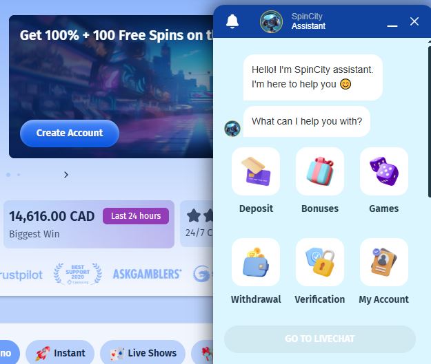 Get instant help via Spin City support chat widget anytime