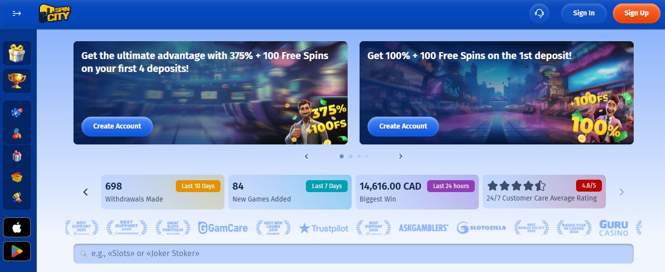 Visit Spin City Casino homepage and claim your welcome bonus today